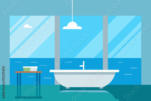 Modern minimalist bathroom with a bathtub overlooking a serene blue ocean view