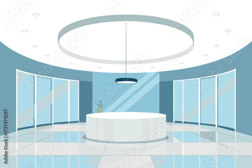 Modern minimalist reception area with circular desk and glass walls