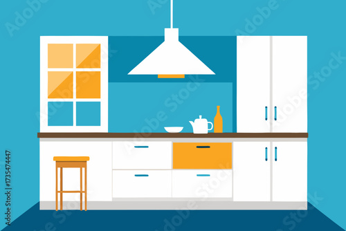 Modern minimalist kitchen interior with white cabinets and orange accents