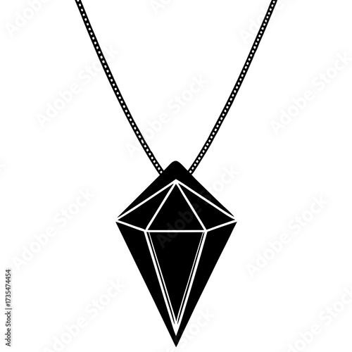 Geometric Diamond Pendant Necklace with Low Poly Crystal Design Black Silhouette Vector Illustration