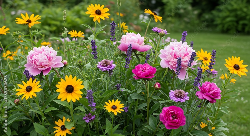 Fototapeta premium Vibrant garden of colorful flowers blooming in natural sunlight