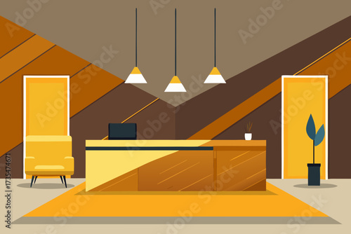 Modern reception desk with yellow armchair and minimalist interior design