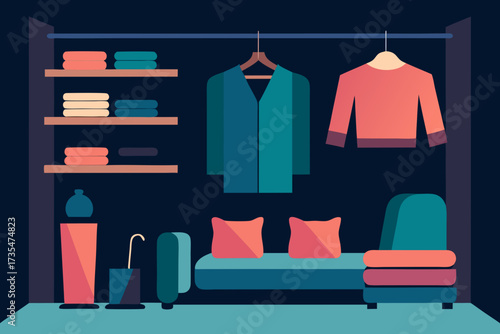 Modern minimalist closet interior with clothes on shelves and hanging on rack