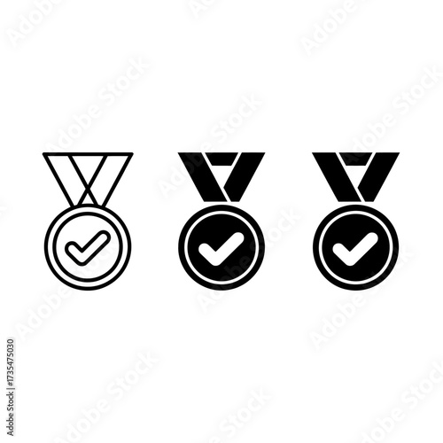 Medal icons with check marks indicating achievement and success in black and white design format