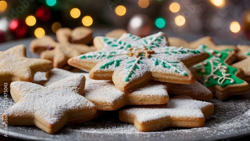 Snowflake Christmas star cookies with powdered sugar and festive decorations