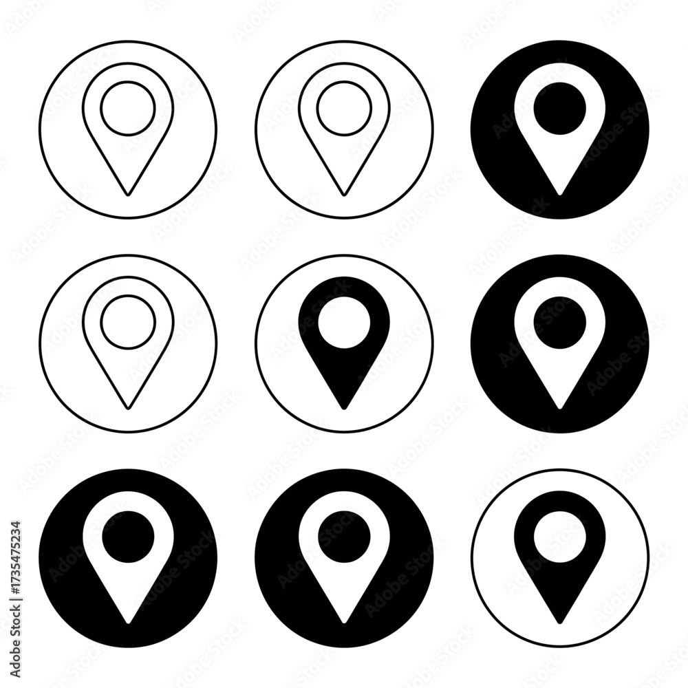Location pin icons set for web and app usage round shape black and white simple vector design