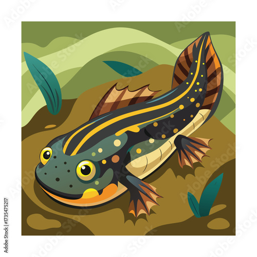 Cartoon newt with yellow stripes and spots in a natural setting