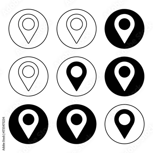 Location pin icons set for web and app usage round shape black and white simple vector design