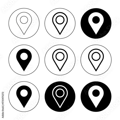 Collection of black and white location pin icons in circle designs for web and app development