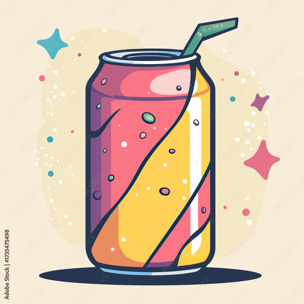 Colorful soda can illustration with yellow and pink diagonal stripes, drinking straw, and sparkling decorative stars in flat minimalist vector style