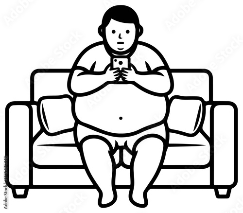 Overweight man using smartphone while sitting on sofa