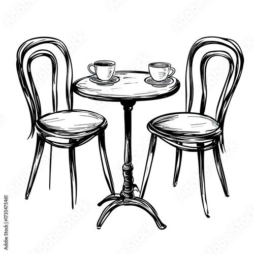 Hand-drawn sketch of round bistro table with two chairs and two coffee cups black and white minimalistic vector illustration for cafe terrace or street furniture design concept