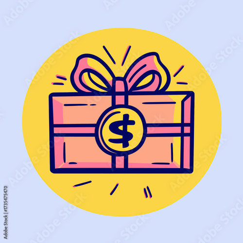 Gift box with dollar sign symbol wrapped with ribbon bow in colorful flat minimalist vector illustration for bonus reward concept