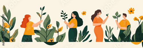 Diverse people planting trees and caring for plants in nature conservation and environmental sustainability concept flat vector illustration with green foliage and flowers