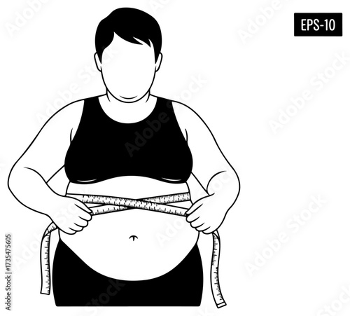 Overweight person measuring waist with tape, black and white illustration