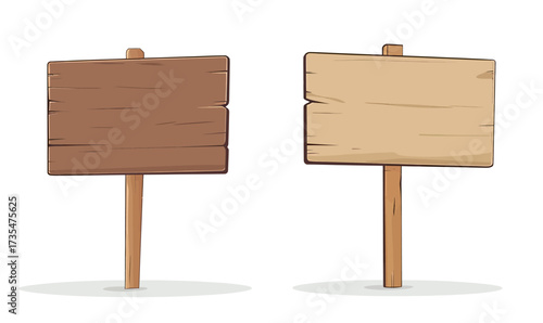 Two blank rustic wooden sign boards on single wooden posts with weathered texture and natural imperfections isolated on white background vector illustration