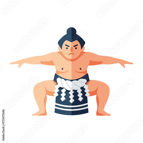Sumo wrestler in ready stance with arms outstretched, isolated