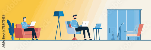 Two men working on laptops in modern home office setting with chairs, desk, floor lamp, plant, and digital devices in flat vector design