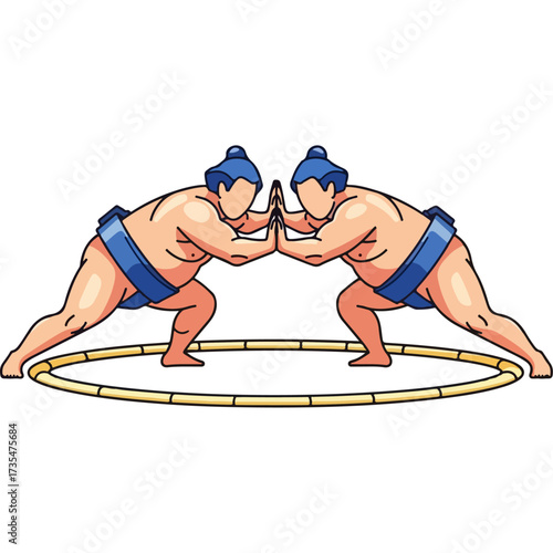 Sumo wrestlers facing each other in ring, preparing to fight