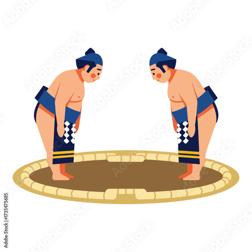 Sumo wrestlers bowing to each other in traditional ring