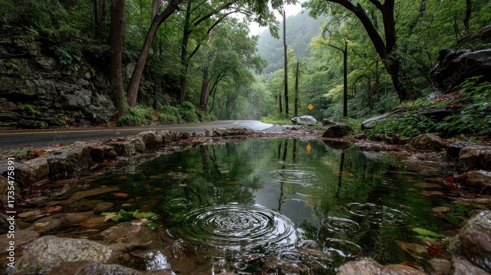 Naklejka premium Peaceful forest path with a serene puddle reflecting lush green trees, showcasing nature's tranquility after a rainfall.