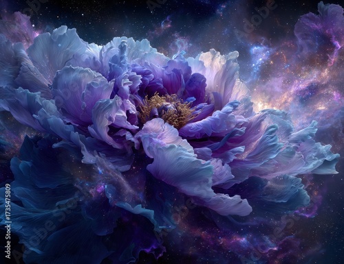 A cosmic peony in shades of purple and blue.