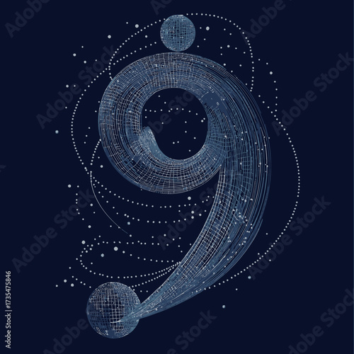 Futuristic wireframe number nine digit with orbiting spheres and scattered star-like particles on dark background vector illustration