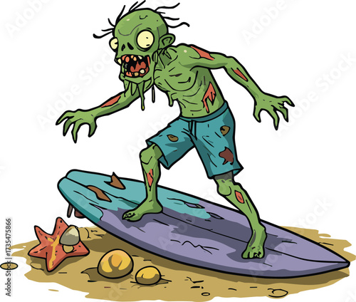 Cartoon zombie surfer character on beach, creepy monster illustration, horror fantasy artwork, surfing undead, scary sea creature, Halloween design