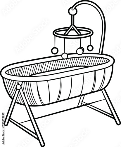 Line Art Drawing of a Baby Bassinet with Hanging Mobile cradle crib