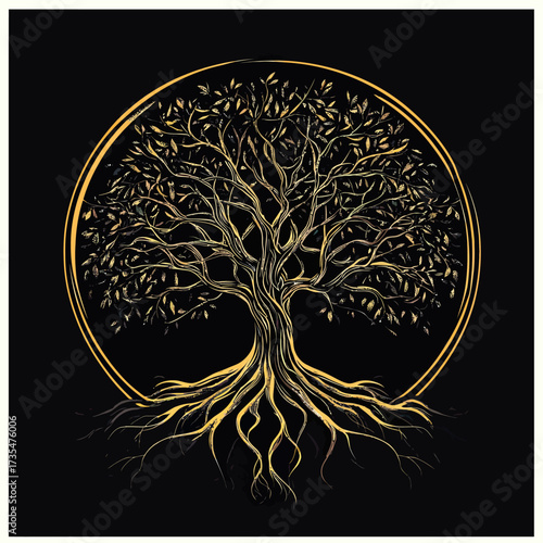 Golden Tree of Life with detailed roots and branches in circular frame, tribal style vector illustration on black background, spiritual symbol of growth and connection