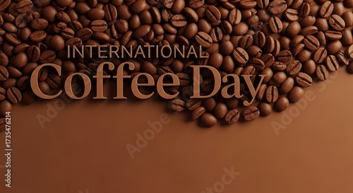 Roasted coffee beans arranged on a brown background with the text 