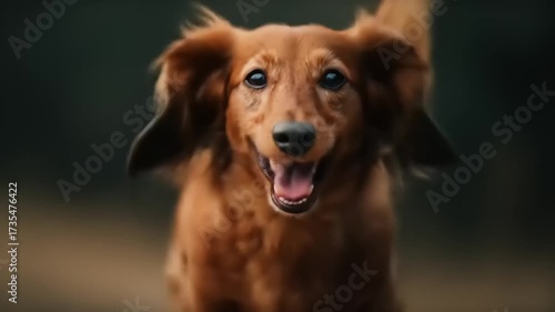Playful dachshund dog running toward camera with blurred background