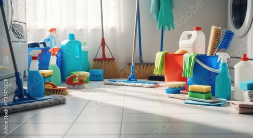Cleaning supplies scattered on a tiled floor in a bright utility room