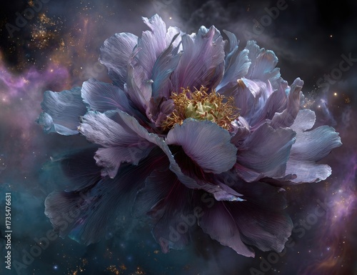 A large, delicate peony flower in shades of lavender and purple, set against a backdrop of cosmic nebulae.