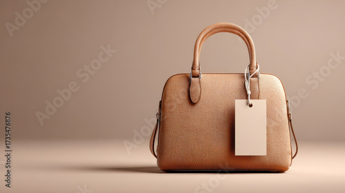A luxurious tan leather handbag with a blank tag hanging from its handle, presented against a soft, neutral background.