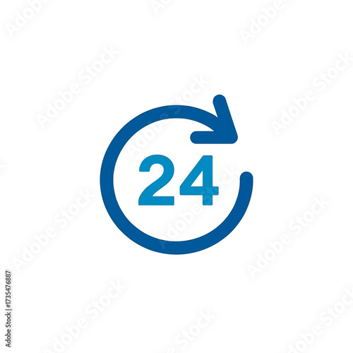 Twenty four hour service icon with blue arrow for customer support and around the clock assistance