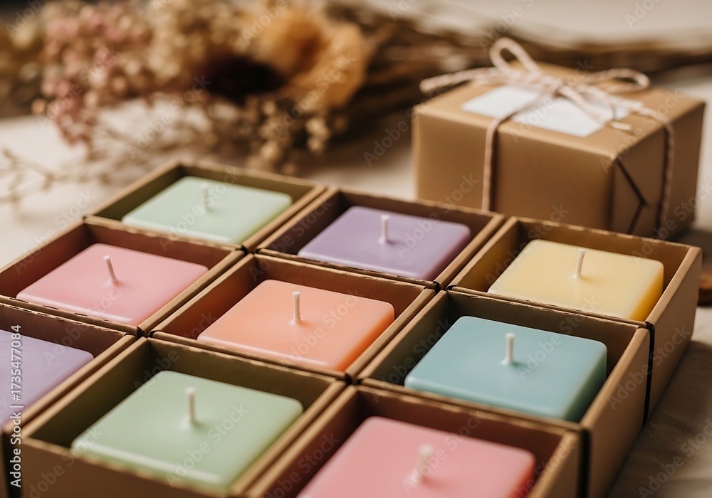 Fototapeta premium A collection of colorful square candles in a box, ready for gifting or decoration