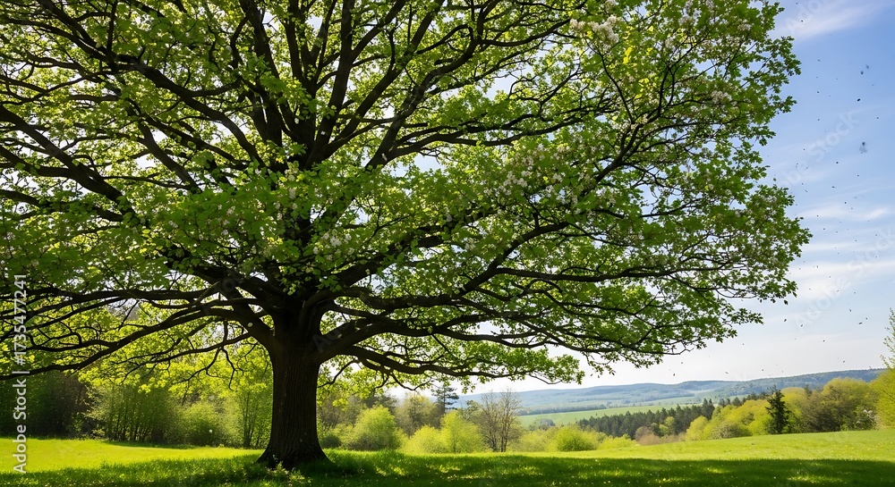 Obraz premium Majestic Oak Tree in Lush Green Meadow on a Sunny Day.