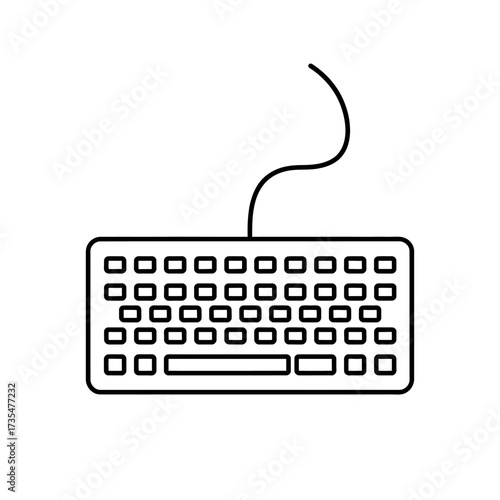 Outline of a computer keyboard with a cable on a white background for design and technology use