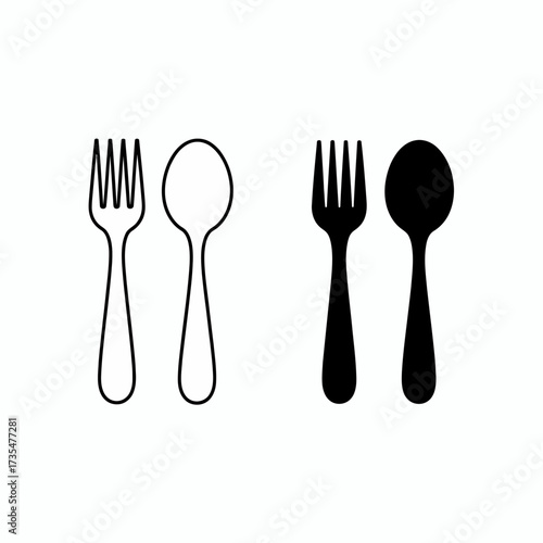 Black and white fork spoon vector icon set for kitchen utensils and dining illustration design art