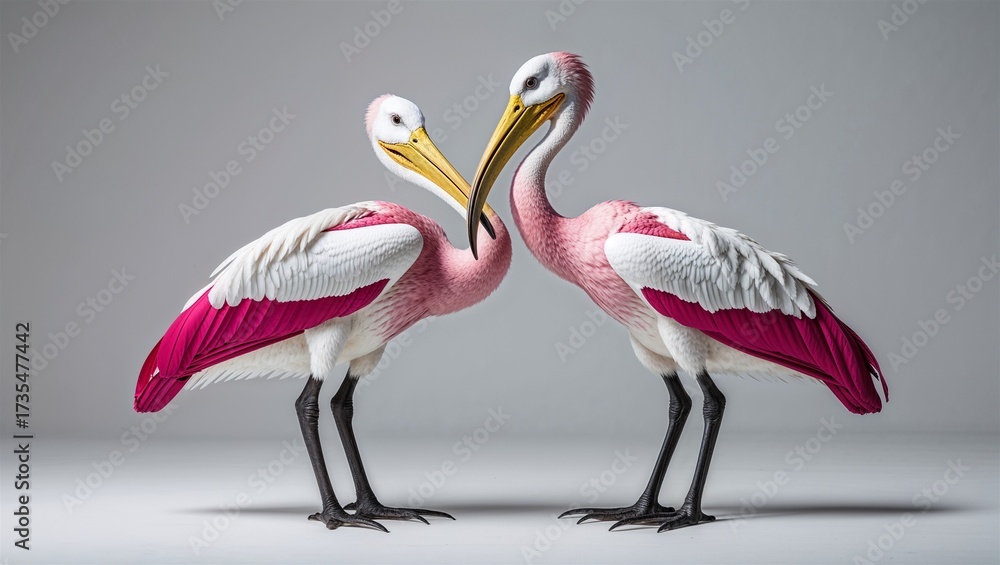 Fototapeta premium Full-body roseate spoonbill standing with neck bent and spoon-shaped beak down, on white