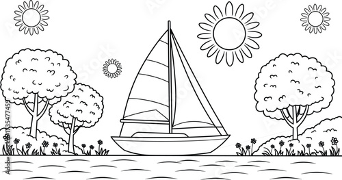 Sailboat on water with trees and sun during the day sailing