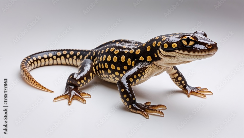 Fototapeta premium Full-body spotted salamander with legs spread and spotted skin shown, isolated on white