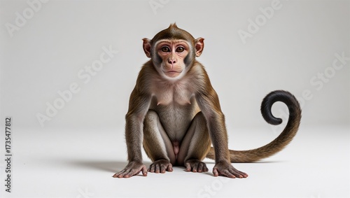 Full-body snub-nosed monkey sitting with curled tail and eyes forward, isolated on white