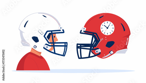 White and red football helmets with clock and player