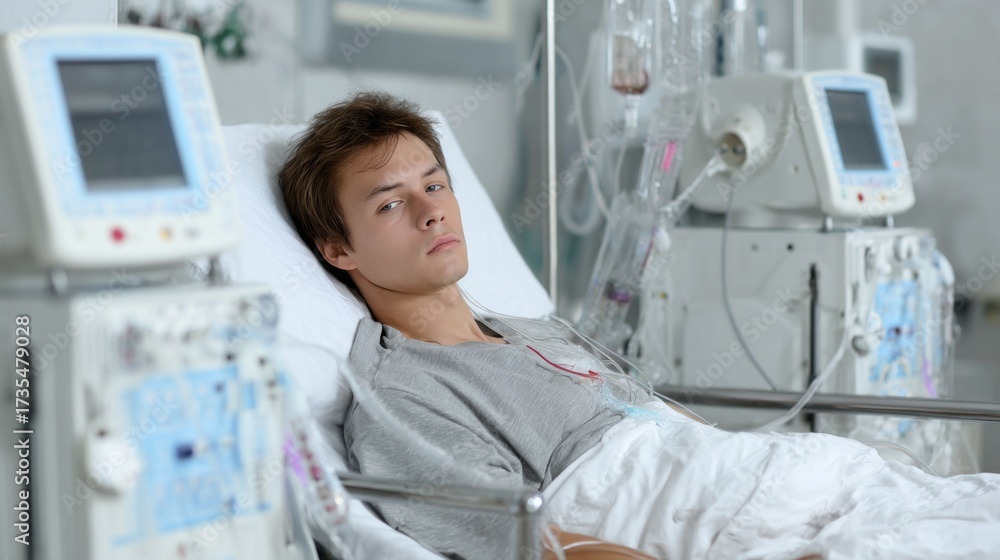 Obraz premium Hospital scene shows a man in a hospital bed looking serious while connected to medical equipment in a modern healthcare facility