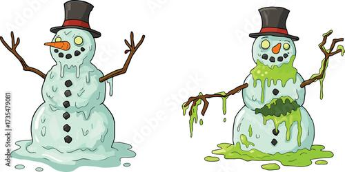 Creepy zombie snowman illustration, melting snow figure with slime, scary winter character, horror cartoon design, spooky holiday artwork, vector drawing