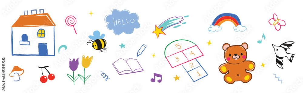 Obraz premium Children crayon doodles, presschool drawing