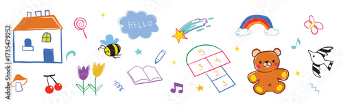 Children crayon doodles, presschool drawing