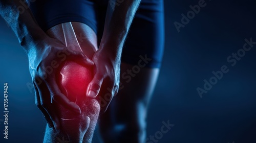 Male athlete holding his knee joint glowing red, symbolizing pain, cartilage damage, or sports injury, with focus on the leg muscles and hand pressure.